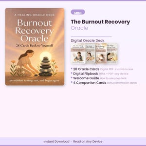 Könnte beinhalten: Das digitale Kartendeck Burnout Recovery Oracle enthält 28 Karten, ein digitales Flipbook und einen Leitfaden. Das Cover zeigt eine Person, die Steine stapelt, mit dem Text A Healing Oracle Deck, Burnout Recovery Oracle, 28 Cards Back to Yourself.