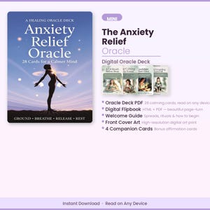 Könnte beinhalten: Das digitale Anxiety Relief Oracle Deck zeigt ein violettes Cover mit der Silhouette einer Person unter leuchtenden Kugeln. Es enthält 28 Karten, ein digitales Flipbook, einen Willkommensleitfaden, Cover-Kunst und vier Bonus-Affirmationskarten.
