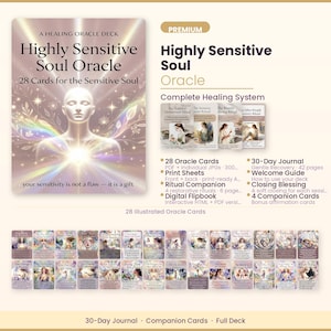 Könnte beinhalten: Ein Highly Sensitive Soul Orakel-Deck mit 28 illustrierten Karten, einem 30-Tage-Journal, einem Begleitbuch und Zusatzkarten. Die Box zeigt eine leuchtende Figur mit dem Text: A Healing Oracle Deck, Highly Sensitive Soul Oracle, 28 Cards for the Sensitive Soul, your sensitivity is not a flaw — it is a gift.
