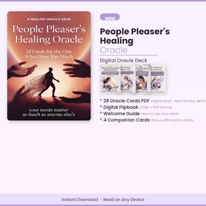 Könnte beinhalten: Digitales People Pleaser's Healing Oracle Kartendeck mit 28 Karten, digitalem Flipbook, Willkommensleitfaden und 4 Begleitkarten. Das Cover zeigt eine Silhouette umgeben von Händen mit dem Text your needs matter as much as anyone else's.