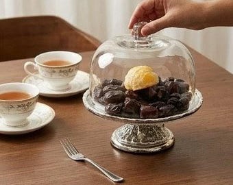 Handcrafted Vintage Metal Cake Stand with Glass Dome | Silver Pedestal Cupcake Holder