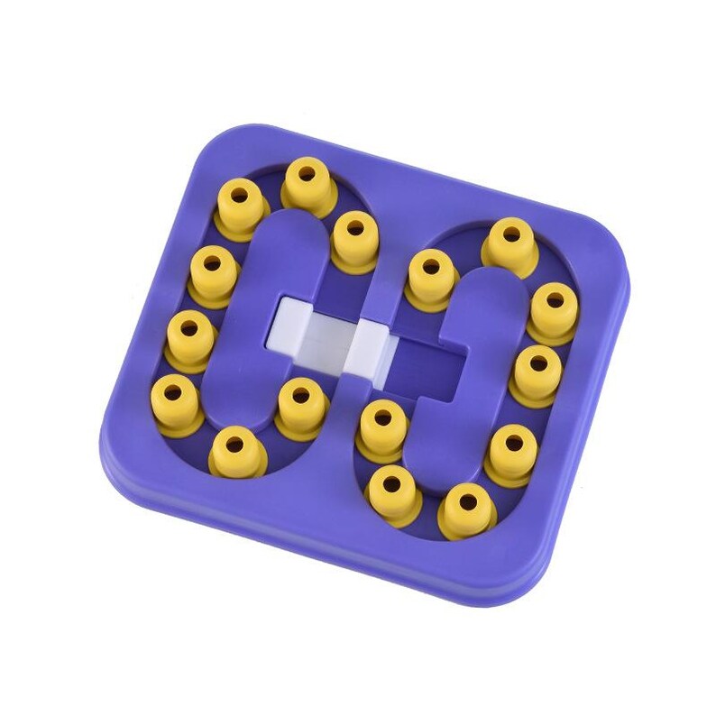 May include: A purple dog puzzle toy with yellow pegs. The toy is square with two curved tracks and a sliding white piece. The pegs are cylindrical with rounded tops. The toy is designed to stimulate a dog.
