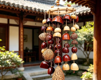 Campana de viento de cáscara de nuez natural, decoración rústica bohemia para jardín, herramienta de meditación sonora