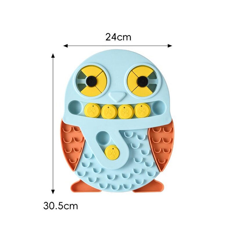 May include: An owl-shaped puzzle toy in blue and orange. The toy measures 24 cm wide and 30.5 cm tall. It has yellow eye and beak details, and several circular compartments with yellow covers. The owl's wings are orange.