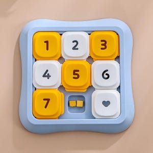May include: A blue square puzzle with nine numbered and shaped pieces. The pieces are yellow and white, with numbers 1 to 7, two small square pieces, and a heart shape. The puzzle is designed for children.