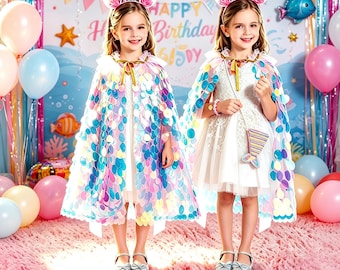 Kids Mermaid Sequin Cape Set,  Girls Costume Outfit with Accessories, Fabric Birthday Party Dress Up Gift for Toddler Girls