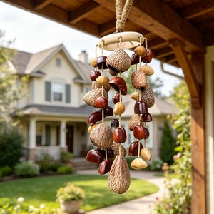 May include: A hanging wind chime featuring a circular wooden top and multiple strands of natural jute twine. The strands are adorned with various brown, tan, and reddish-brown seed pods, smooth polished nuts, and textured organic shell components.