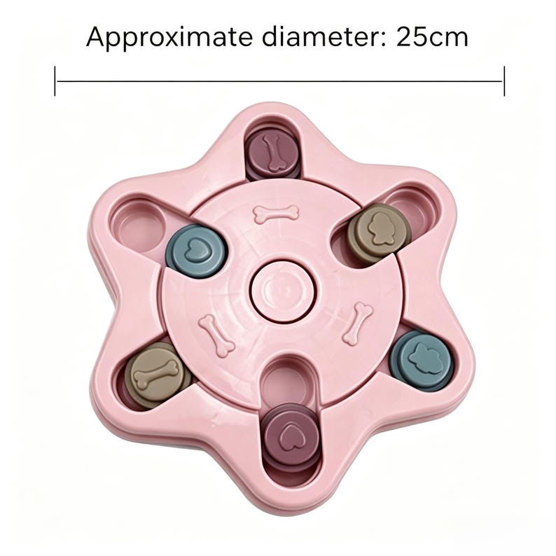 May include: A pink dog puzzle toy with a star-like design. It has compartments with bone and heart-shaped pieces in different colors. The approximate diameter is 25cm.