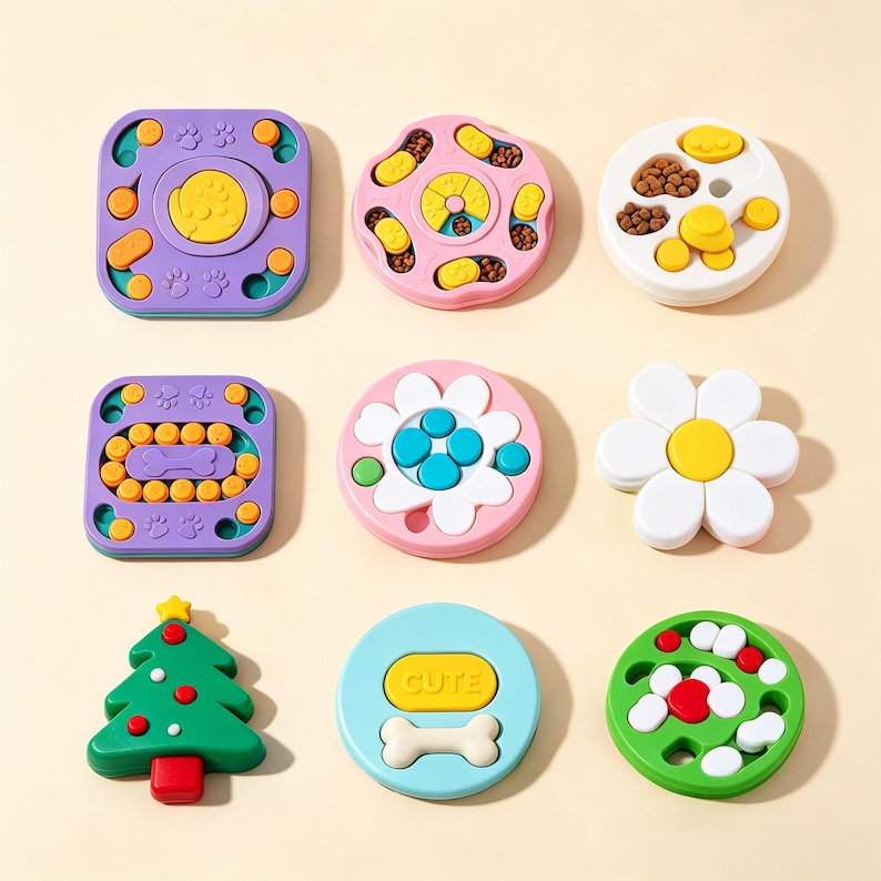May include: Nine colourful dog puzzle toys in various shapes, including squares, circles, and a Christmas tree. The toys feature interactive elements, such as sliding pieces and bone-shaped designs, designed to stimulate dogs.