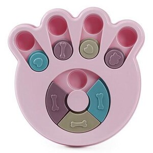May include: A pink paw-shaped dog puzzle toy with multiple compartments and sliding pieces. The toy features various shapes and colours, including bone and heart designs, designed to stimulate a pet's mind and provide a fun challenge.