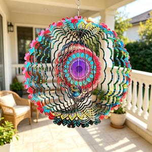 May include: A circular metal wind spinner featuring a multi-layered design with scalloped edges. The surface displays a vibrant, kaleidoscopic pattern in shades of pink, blue, yellow, and purple, creating a complex, concentric visual effect.