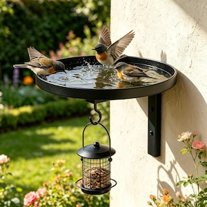 May include: A black wall-mounted bird bath with a circular basin filled with water and three small birds with orange breasts and grey wings. A black metal bird feeder containing seeds hangs from a hook attached to the underside of the basin.