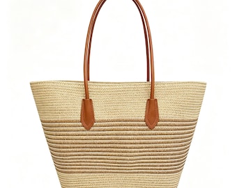 Handwoven Paper Straw Tote Bag and Striped Boater Hat Set, Summer Beach Accessories
