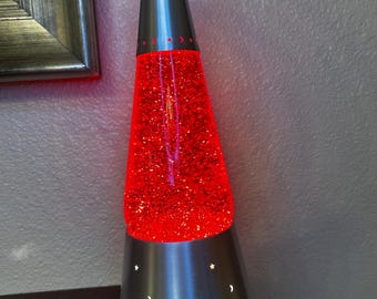 Vintage Lava Lite Moon & Stars Ruby Red Silver Glitter Lamp