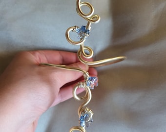 Gold Aluminum Arm Cuff with Blue Flowers – Handmade, Adjustable, Elven/Fantasy Style Armband