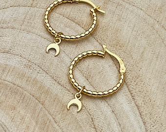 Gold Vermeil Crescent Moon Hoop Earrings: Beaded Celestial Jewelry