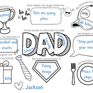 Può includere: Un foglio di attività stampabile in bianco e nero con testo e illustrazioni in blu. Include domande su un padre, con sezioni per cucinare, scherzi, ciclismo, baseball, snack, una cravatta, uno scudo da supereroe, pizza e patatine, firmato da Jackson.