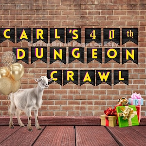 May include: A decorative banner with black pennants featuring yellow text that reads CARL'S 40th DUNGEON CRAWL. A white goat stands to the left, next to a cluster of gold balloons. Several wrapped gift boxes with ribbons are positioned on the right side.