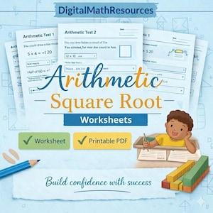 Peut inclure: Image de feuilles de calcul d'arithmétique intitulées "Racine carrée arithmétique - Feuilles de calcul". L'image comprend un enfant de dessin animé, un crayon et des graphiques à barres. Le texte comprend "Feuille de calcul", "PDF imprimable".