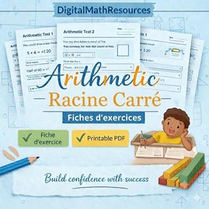 May include: A set of printable arithmetic worksheets featuring the text DigitalMathResources, Arithmetic Test 1, Arithmetic Test 2, Arithmetic, Racine Carré, Fiches d'exercices, Fiche d'exercice, Printable PDF, and Build confidence with success.