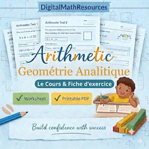Puede incluir: Una colección de hojas de trabajo de aritmética y geometría tituladas DigitalMathResources, Arithmetic Test 1 y 2. La imagen muestra a un niño de dibujos animados escribiendo en un escritorio, un lápiz azul, bloques coloridos y el texto Build confidence with success.