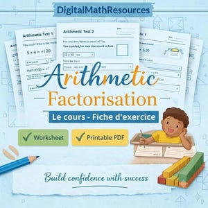 Puede incluir: Un recurso educativo digital de aritmética y factorización con hojas de ejercicios, una ilustración de un niño, un lápiz azul y bloques de colores. El texto incluye DigitalMathResources, Arithmetic Test y Build confidence with success.