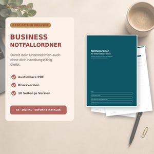 May include: A digital business emergency binder template in A4 size, featuring a dark teal cover with the text 'Notfallordner für Unternehmer:innen'. The set includes two PDF files, each with 10 pages, designed for printable or digital use.