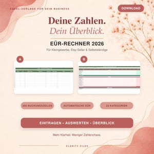 Könnte beinhalten: Eine digitale Excel-Vorlage für die Geschäftsbuchhaltung mit dem Titel EÜR-RECHNER 2026. Das Layout zeigt zwei Tabellenvorschauen mit den Bezeichnungen A und B sowie Textelemente wie Deine Zahlen. Dein Überblick, 200 Buchungszeilen und 23 Kategorien.
