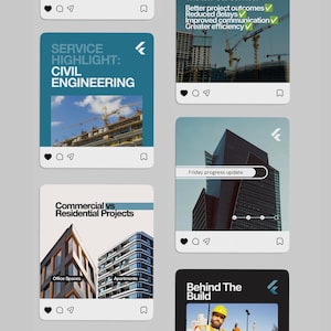 May include: A collection of social media post templates featuring construction and engineering themes. The designs include text such as Service Highlight: Civil Engineering, Commercial vs Residential Projects, Friday progress update, and Behind The Build.