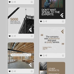 Könnte beinhalten: Eine Sammlung von Social-Media-Beitragsvorlagen mit Baustellenbildern, Textüberlagerungen wie 5000 PROJECTS DELIVERED, DON'T WAIT. SPEAK TO THE EXPERTS. und The company was professional and gave a quality service sowie einer Suchleiste.