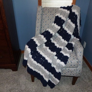 Navy Bedding/Blue Afghan/Gray Bedding/Gray Afghan/Navy Afghan/Gray Blanket/Navy Blanket/Contemporary Bedding/Living Room/Housewarming/Blue image 3