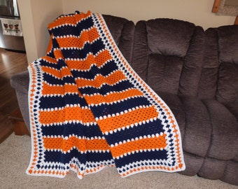 Orange Afghan/Navy Afghan/Orange Blanket/Navy Blanket/Large Afghan/U of I Colors/School Colors/Orange Bedding/Navy Bedding/Dorm/College