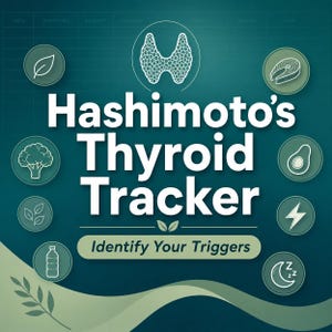 以下が含まれることがあります： 白で「Hashimoto's Thyroid Tracker」というテキストが入った、ティール色のグラフィック。画像には、食べ物、睡眠、エネルギーのアイコンと、「Identify Your Triggers」というフレーズが含まれています。背景はグリッドパターンです。