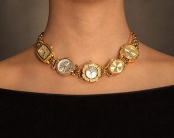 Vintage Gold Watch Necklace, Statement Pendant Jewelry, Women's Fashion Accessory