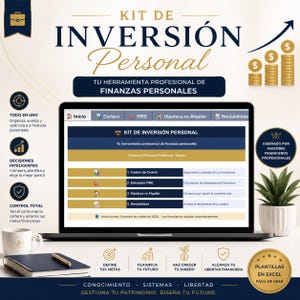 Puede incluir: Una computadora portátil muestra un kit de inversión financiera titulado "Kit de Inversión Personal". La pantalla presenta una interfaz de planificación financiera con opciones para el seguimiento de inversiones y la comparación de hipotecas. También se ven monedas de oro y una planta en maceta.