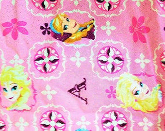 Disney Frozen ANNA and ELSA Cotton Fabric with Glitter and Pink Flowers