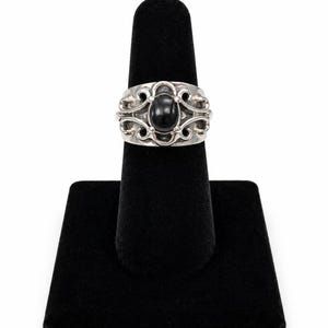 Vintage Sterling Silver Scrollwork Ring | Dark Cabochon Stone, Artisan Style (Size 7.5)