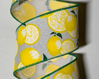 2.5" Lemons on White Linen Ribbon ~ Lemon Ribbon ~ Wired Ribbon ~ 10 Yard Roll
