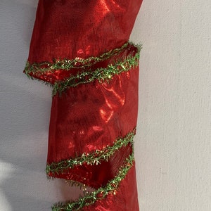 2.5&quot;  Soft Red Metallic Ribbon ~ Lime Green Tinsel ~ Wired Edges  ~  10 Yards Cut