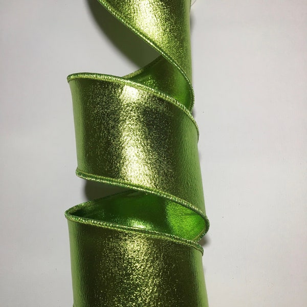 2.5" Lime Green Lame Ribbon  Wired Edges  Sold by the 5 Yard Spool