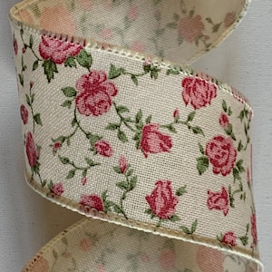 2.5" Victorian Rose Hopsack Wired Ribbon ~ Ivory ~ Pink Roses ~ Wired Edges ~ 10 Yard Roll