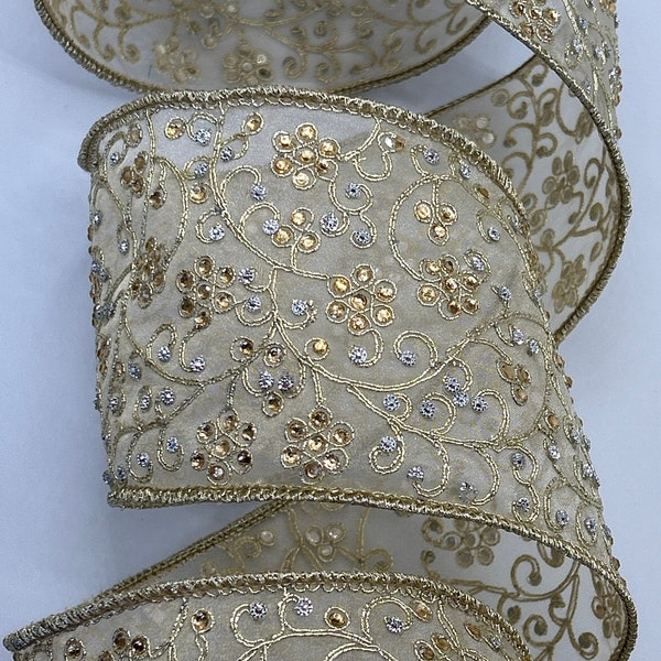 4" Gold Sheer Ribbon ~ Embroidered Vines Flowers ~ Jewels ~ Wired Edges ~ Farrisilk ~ 5 Yard Roll