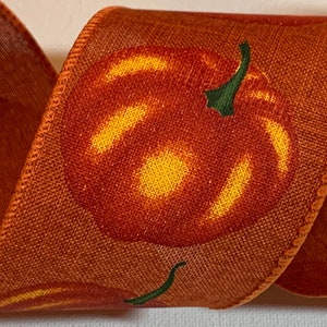 2.5&quot; Orange Linen Ribbon with Orange Pumpkins ~ Wired Edges ~ 10 Yard Roll