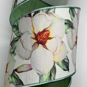 4" White Magnolia Ribbon ~ Flowers ~ Light Green Fused Back ~ Wired Edges ~ Farrisilk ~ 10 Yard Roll