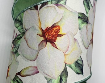 4" White Magnolia Ribbon ~ Flowers ~ Light Green Fused Back ~ Wired Edges ~ Farrisilk ~ 10 Yard Roll