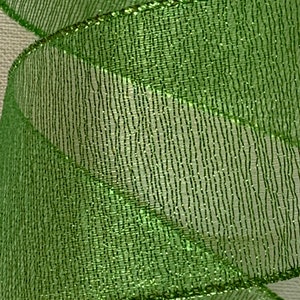 May include: Close-up of a vibrant green ribbon with a shimmering, textured surface. The ribbon is curled, revealing its layered construction and the delicate, vertical lines that create its unique appearance. The edges are subtly outlined with a glittery finish.