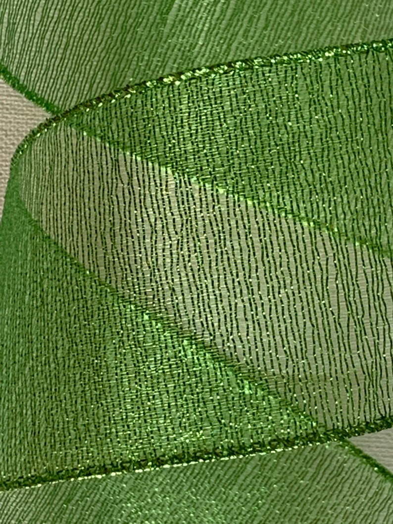 May include: Close-up of a vibrant green ribbon with a shimmering, textured surface. The ribbon is curled, revealing its layered construction and the delicate, vertical lines that create its unique appearance. The edges are subtly outlined with a glittery finish.