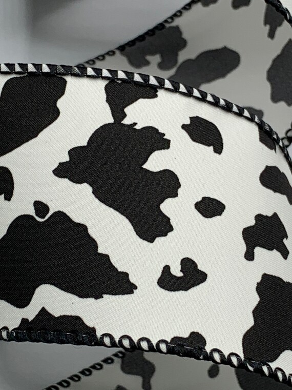 Fuzzy Cow Print Wired Edge Ribbon - 10 Yards Black White 2.5 Inch