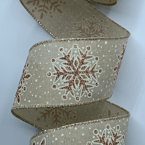 2.5" Copper & White Snowflakes on Natural Ribbon ~ Wired Edges ~ 10 Yards Cut