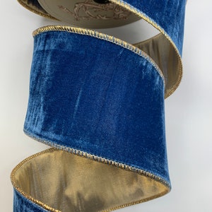 4&quot; Indigo Vintage French Velvet Ribbon ~ Metallic Back ~ Wired Edges ~ d stevens ~ 10 Yard Roll